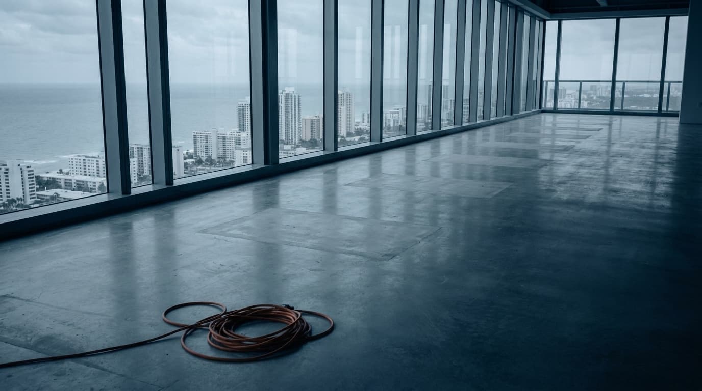 An emptied corporate office floor with polished concrete swept clean, floor-to-ceiling windows overlooking the Southwest Florida coastline